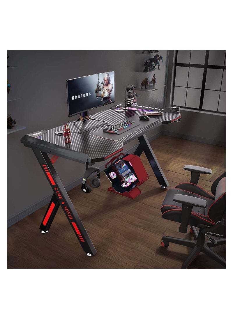 KARNAK - Master Gaming Desk With Remote RGB Lights PC Computer Gaming Table Y Modern Shaped Gamer Home Office Computer Desk Table With Handle Rack Cup Holder Headphone Hook Size 140x65x75 cm - Image 1