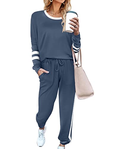Aloodor Beach Vacation Clothes for Women Sweatpants Sets for Women Sweat Suits Matching Crewneck Color Block Sweatshirts M - Image 1