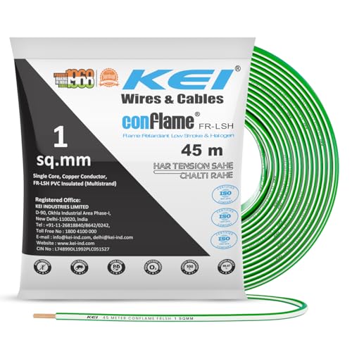 KEI CONFLAME FRLSH 1 sqmm 1 Core Copper Heat Resistant Flame Retardant Low Smoke & Halogen - Lead Free House Wire for Domestic & Industrial Electrical Wiring (Green, 45 Meters) - Image 1