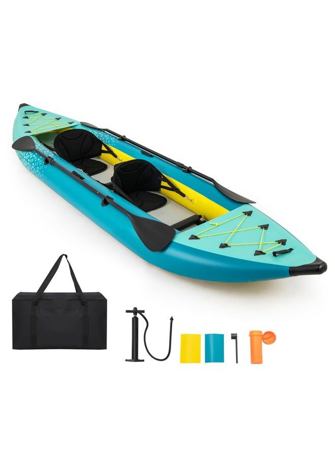 GYMAX Inflatable Kayak, 230cm (12.5ft) Tandem Kayak with 2 Aluminum Paddles, 2 Padded Seats, Footrest, 2 Fins, Hand Pump, Carry Bag and Repair Kit, 2 Person, Fishing Touring Boat for Adults - Image 1