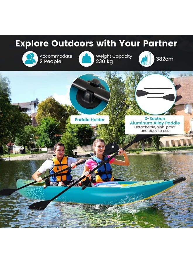 GYMAX Inflatable Kayak, 230cm (12.5ft) Tandem Kayak with 2 Aluminum Paddles, 2 Padded Seats, Footrest, 2 Fins, Hand Pump, Carry Bag and Repair Kit, 2 Person, Fishing Touring Boat for Adults - Image 2