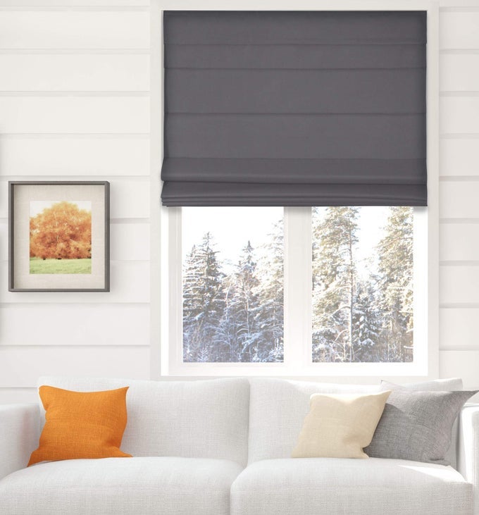 THERMAL ROOM DARKENING FABRIC ROMAN SHADES COLOR GRAPHITE SIZE 345 W X 60 H CORDLESS LIFT WINDOW BLINDS
