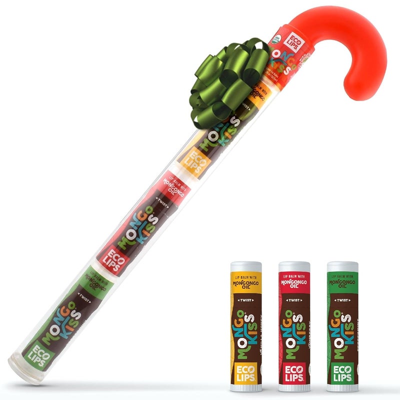 Eco Lips Novelty Plastic Candy Cane Gift Set for Holidays  Christmas Gifts Stocking Stuffers  Mongo Kiss Organic Lip Balm 3count Gift Set
