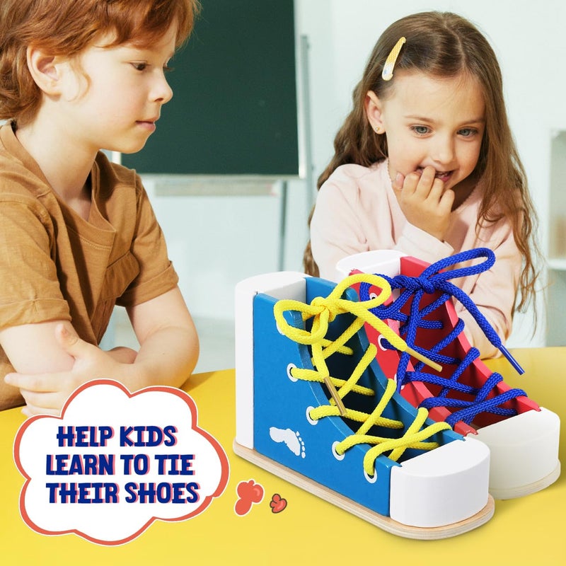 STOBOK 2pcs Learn to Tie Shoes for Kids with Wooden Lacing Sneaker Toy Tie-Up Shoe Practice Kit Threading Montessori Educational Toys (Blue + Pink) - Image 5