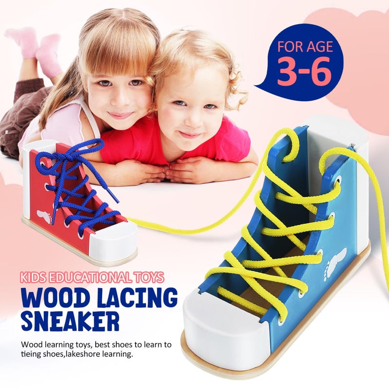 STOBOK 2pcs Learn to Tie Shoes for Kids with Wooden Lacing Sneaker Toy Tie-Up Shoe Practice Kit Threading Montessori Educational Toys (Blue + Pink) - Image 3