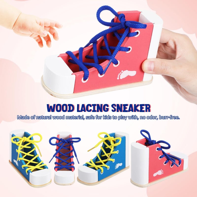 STOBOK 2pcs Learn to Tie Shoes for Kids with Wooden Lacing Sneaker Toy Tie-Up Shoe Practice Kit Threading Montessori Educational Toys (Blue + Pink) - Image 4