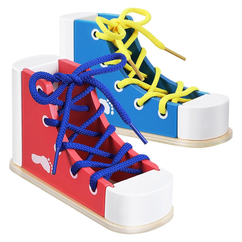 STOBOK 2pcs Learn to Tie Shoes for Kids with Wooden Lacing Sneaker Toy Tie-Up Shoe Practice Kit Threading Montessori Educational Toys (Blue + Pink) - Image 1