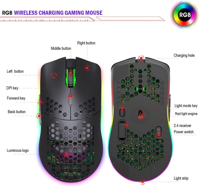 Aerbee Wireless Gaming Mouse, Aerbee Honeycomb Hollow Design Ergonomic Wireless Mouse with Backlight, 6 Buttons 4 Speed Adjustable DPI Computer Mouse Rechargeable RGB Gaming Wireless Mouse for Mac Laptop PC - Image 5
