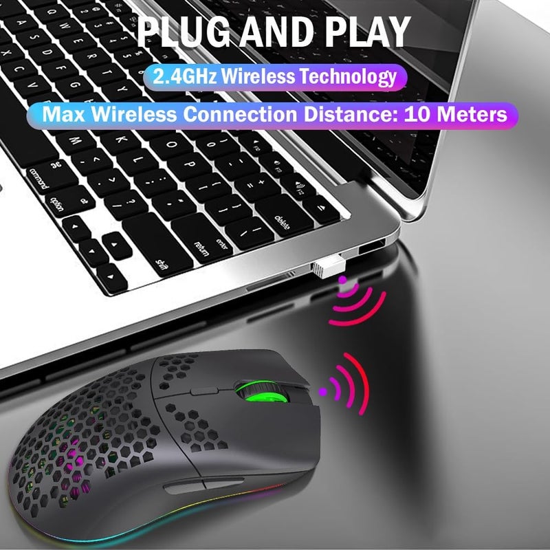 Aerbee Wireless Gaming Mouse, Aerbee Honeycomb Hollow Design Ergonomic Wireless Mouse with Backlight, 6 Buttons 4 Speed Adjustable DPI Computer Mouse Rechargeable RGB Gaming Wireless Mouse for Mac Laptop PC - Image 3