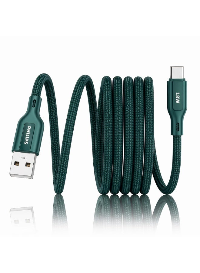 PHILIPS USB Type-A to Type-C Fast Charging Cable, 18W Fast Charging, Nylon Braided, 2m, Crystal Teal, DLC4160AT/94 green - Image 1
