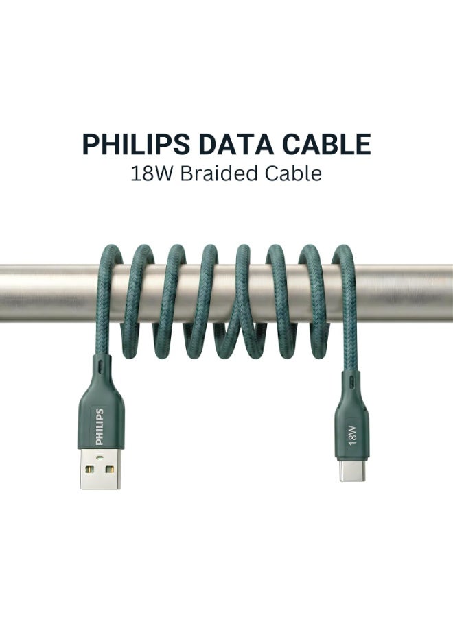 PHILIPS USB Type-A to Type-C Fast Charging Cable, 18W Fast Charging, Nylon Braided, 2m, Crystal Teal, DLC4160AT/94 green - Image 2
