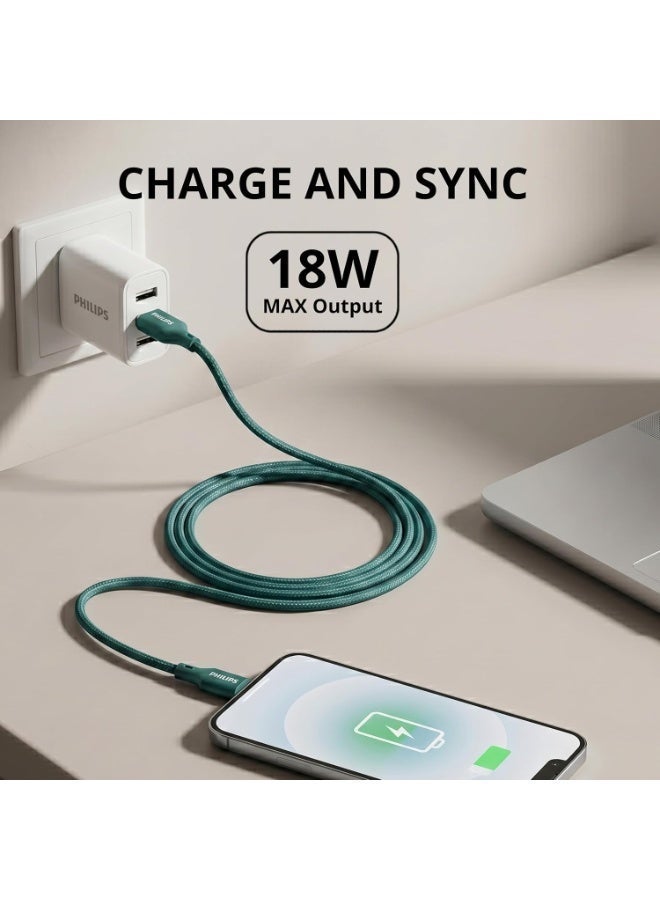 PHILIPS USB Type-A to Type-C Fast Charging Cable, 18W Fast Charging, Nylon Braided, 2m, Crystal Teal, DLC4160AT/94 green - Image 5