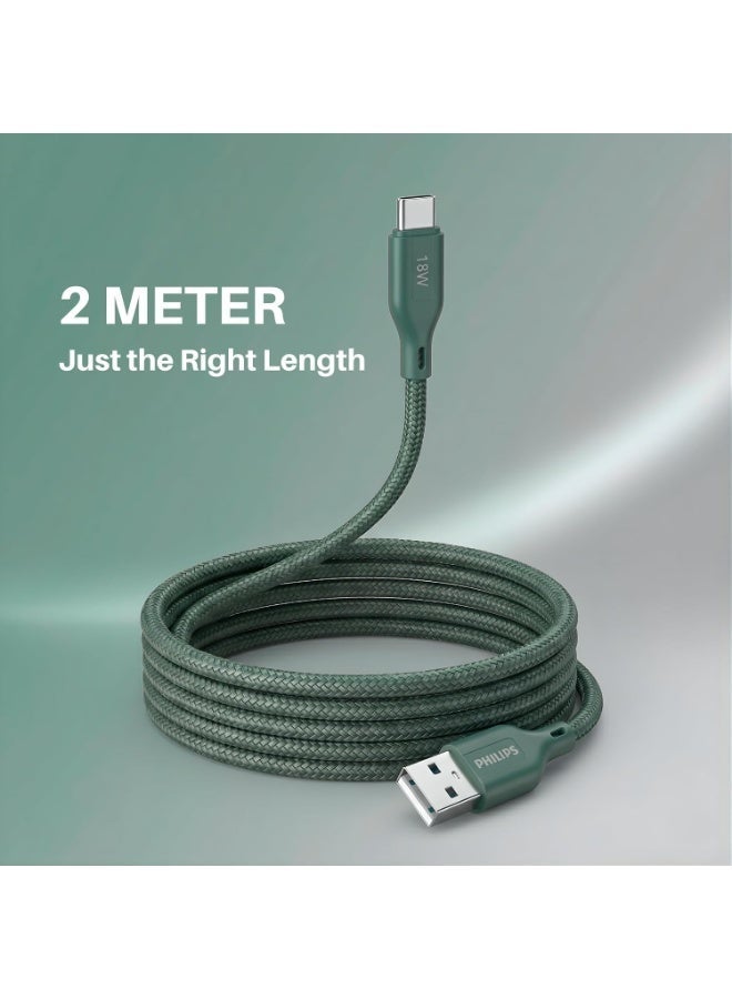 PHILIPS USB Type-A to Type-C Fast Charging Cable, 18W Fast Charging, Nylon Braided, 2m, Crystal Teal, DLC4160AT/94 green - Image 3
