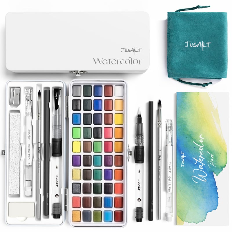JusArt 50 Colors Watercolor Paint Set,Art Supplies with Metallic Color, Detail Painting Brushes, Water Brush Pens, Portable Travel Painting Kit for Artists, Professionals, Adults, Kids - Image 1