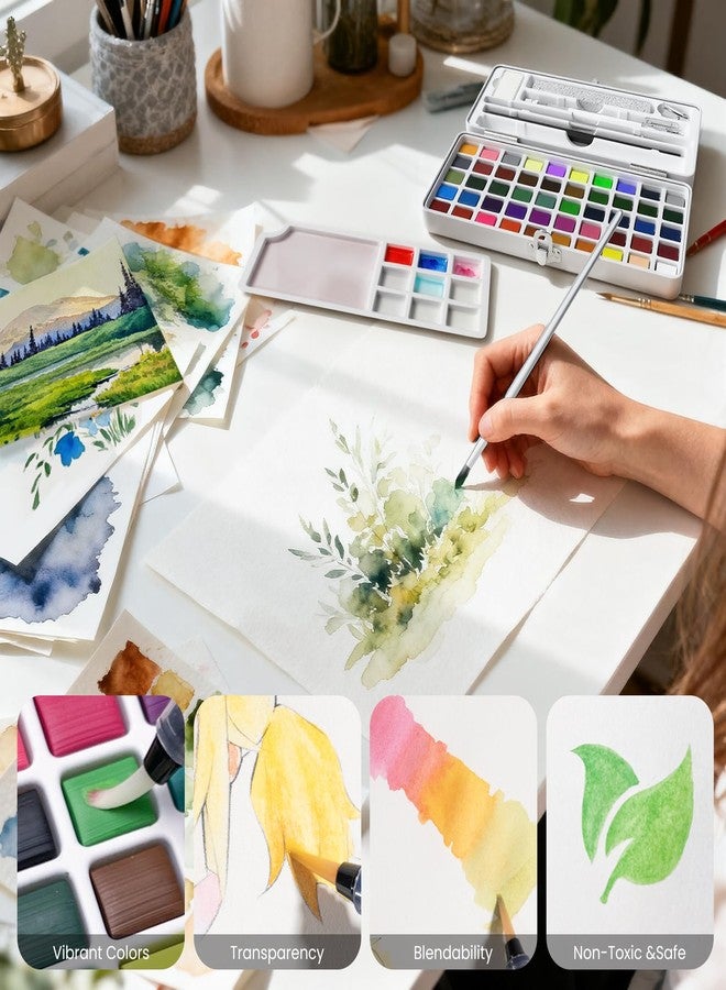 JusArt 50 Colors Watercolor Paint Set,Art Supplies with Metallic Color, Detail Painting Brushes, Water Brush Pens, Portable Travel Painting Kit for Artists, Professionals, Adults, Kids - Image 5