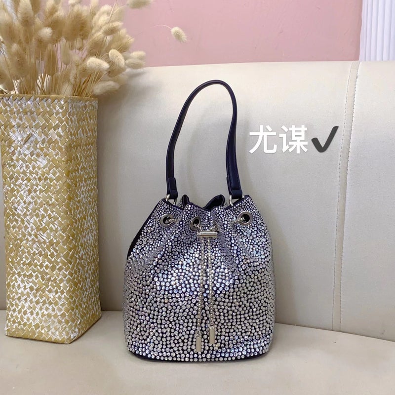 Fashionable Evening Bag Shiny Insinkable Diamond Bucket Bag Metal Ring High-End Portable Underarm Bag - Image 2