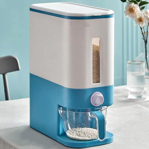 IKTU® Rice Dispenser Large Grain Container Storage Box with Lid Measuring Cup Moisture Proof Lentils Pulses Rice Dispenser for Kitchen upto 10Kg Capacity (Blue, 10) - Image 1