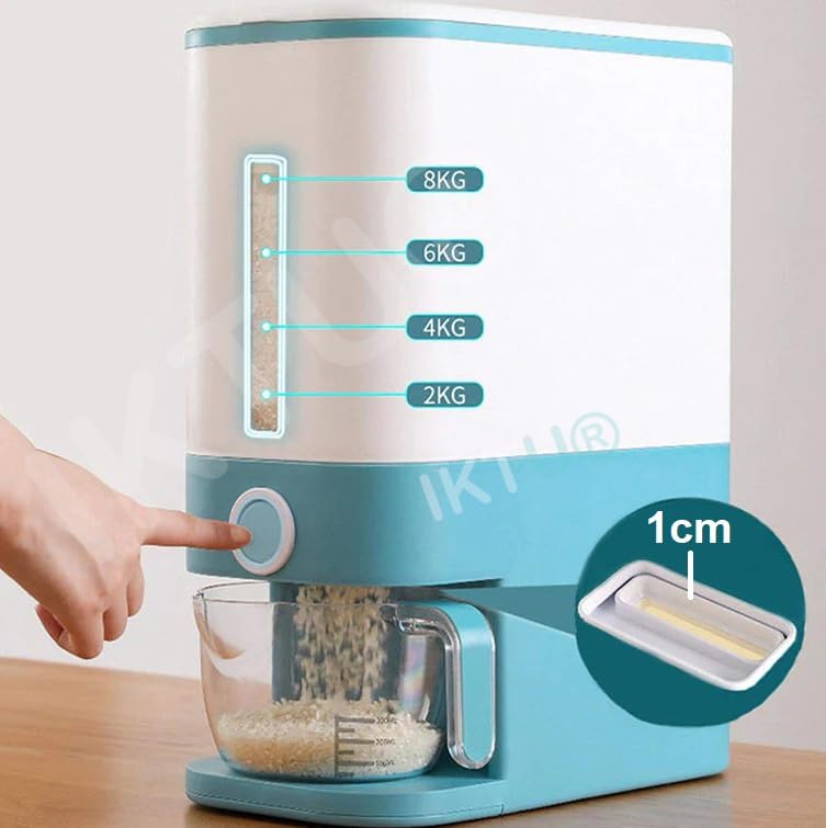 IKTU® Rice Dispenser Large Grain Container Storage Box with Lid Measuring Cup Moisture Proof Lentils Pulses Rice Dispenser for Kitchen upto 10Kg Capacity (Blue, 10) - Image 2