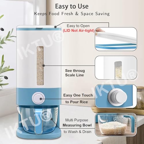 IKTU® Rice Dispenser Large Grain Container Storage Box with Lid Measuring Cup Moisture Proof Lentils Pulses Rice Dispenser for Kitchen upto 10Kg Capacity (Blue, 10) - Image 4