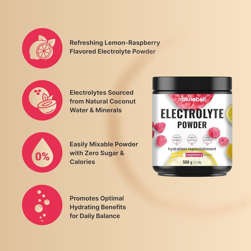 Naturebell Electrolytes Powder No Sugar 500g 76 Servings  Keto Fast Hydration Formula  1000mg Potassium  Trace Minerals  Coconut Water  Raspberry Lemonade Flavor  Carnivore Friendly - Image 3