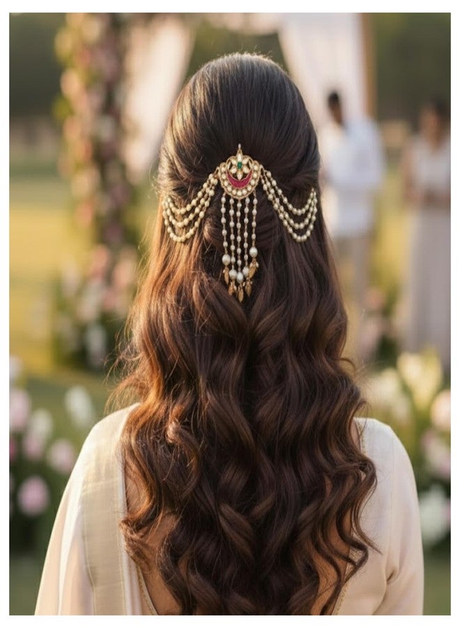 MILAPARK CRAFTS Bridal Juda Hair Clip for Women Gold Plated with Red Kundan and Pearl | Traditional Temple Style Bun Pin with Ghungroo for Wedding Functions - Image 4