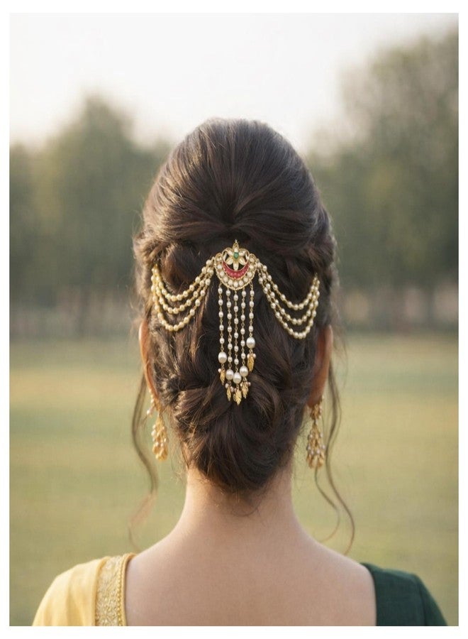 MILAPARK CRAFTS Bridal Juda Hair Clip for Women Gold Plated with Red Kundan and Pearl | Traditional Temple Style Bun Pin with Ghungroo for Wedding Functions - Image 3