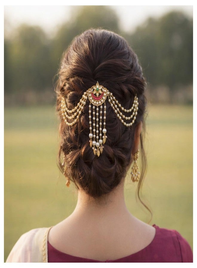 MILAPARK CRAFTS Bridal Juda Hair Clip for Women Gold Plated with Red Kundan and Pearl | Traditional Temple Style Bun Pin with Ghungroo for Wedding Functions - Image 5