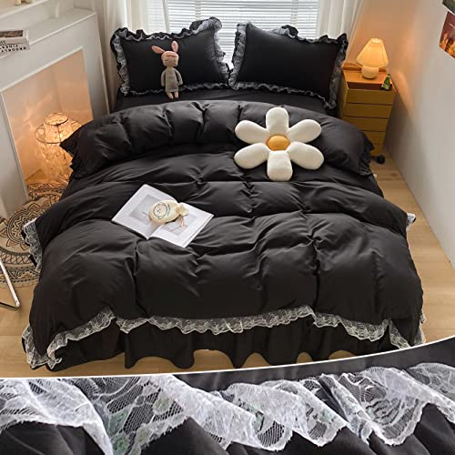 MOOWOO Chic Ruffle Lace Polyester Duvet Cover Set Girl Black Bedding3 Piece Queen Duvet Cover with Zipper Closure Ultra Soft and Light WeightBlack Queen
