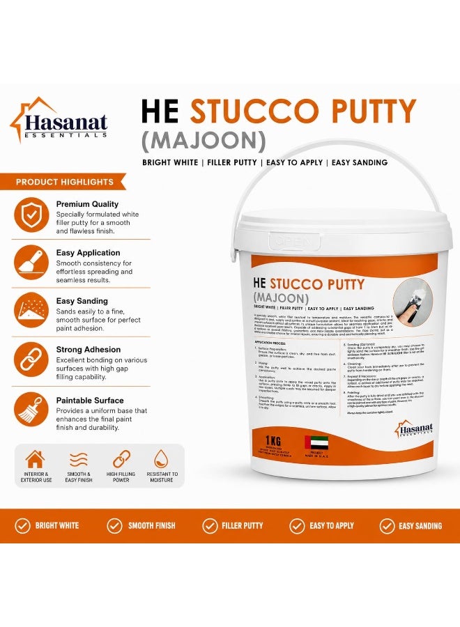 Hasanat Essentials Stucco Putty (Majoon) 1kg, Ready to Use Wall Filler for Interior Walls, Crack Repair, Hole Filling, Smooth Finish, Paintable, Bright White - Image 3