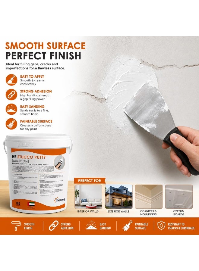 Hasanat Essentials Stucco Putty (Majoon) 1kg, Ready to Use Wall Filler for Interior Walls, Crack Repair, Hole Filling, Smooth Finish, Paintable, Bright White - Image 5