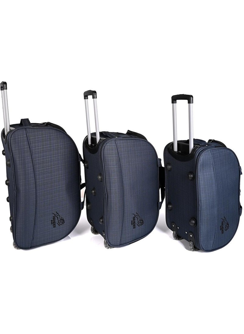 Wander - Unisex Towel Fabric Two-Wheeled Stewardess & Pilot Triple Suitcase Set Navy Blue - Image 1