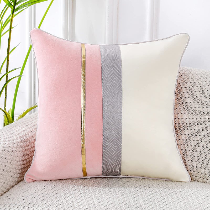 PANOD Patchwork Pink SilkLike Velvet Throw Pillow Cover with Gold Striped Leather Cushion Case Modern Luxury Square Pillowcase for Sofa Couch Bedroom Living Room Home18x18 inch