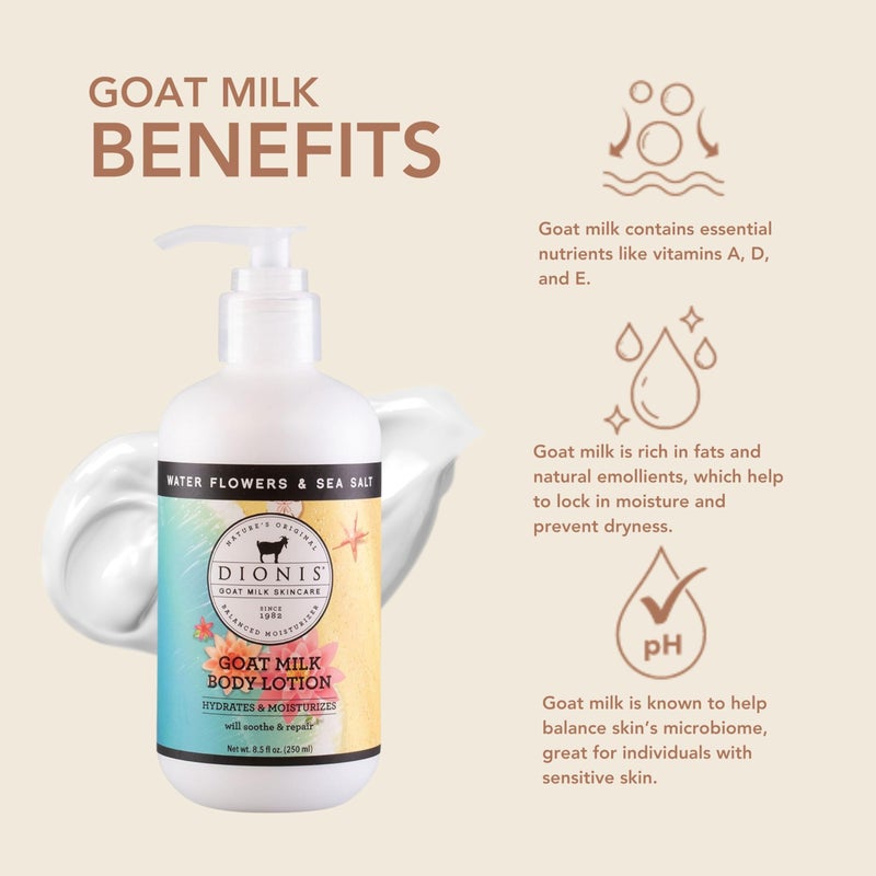 Dionis Goat Milk Hydrating Skincare Scented Cream, Rich & Creamy Daily Moisturizing Water Flowers & Sea Salt Spice Body Lotion For Dry Skin, Made in the USA, Cruelty-Free & Paraben-Free, 8.5 oz Bottle - Image 2