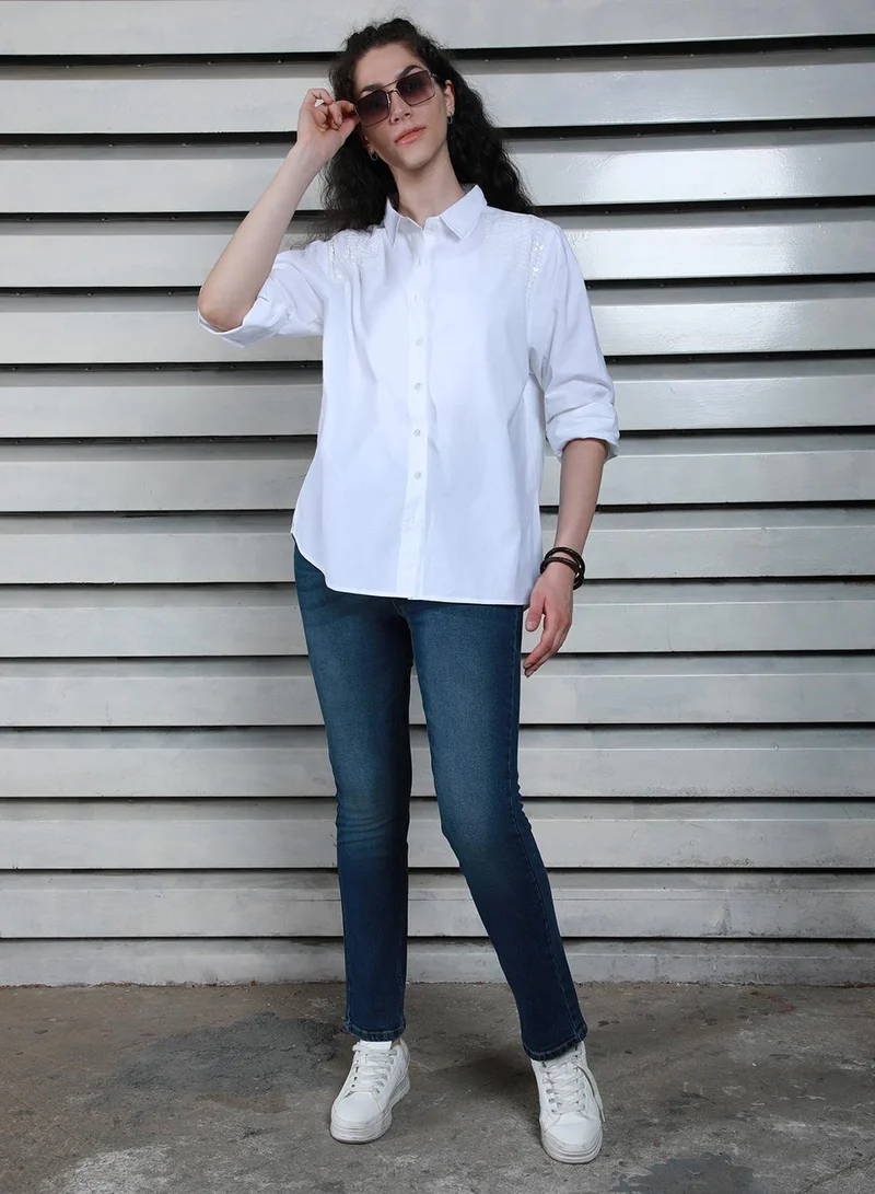 High Star White Women's White 100% Cotton Solid Pattern Button Down Oversized Shirt for Women | Best Price UAE