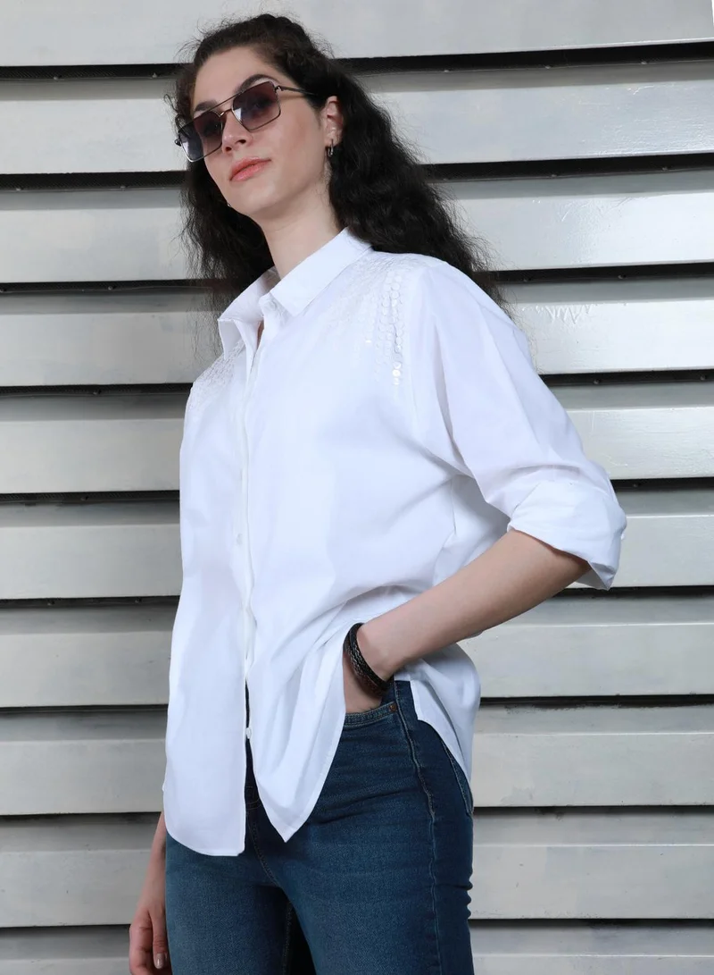 High Star White Women's White 100% Cotton Solid Pattern Button Down Oversized Shirt for Women | Best Price UAE