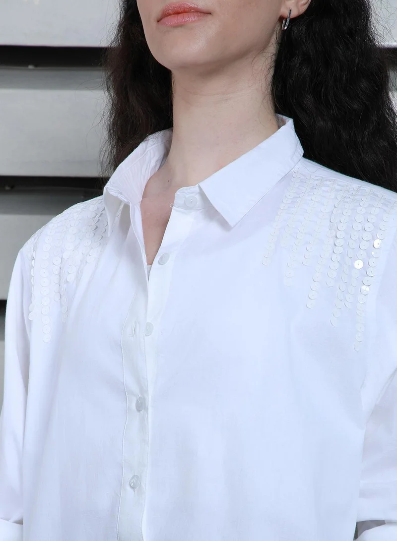 High Star White Women's White 100% Cotton Solid Pattern Button Down Oversized Shirt for Women | Best Price UAE
