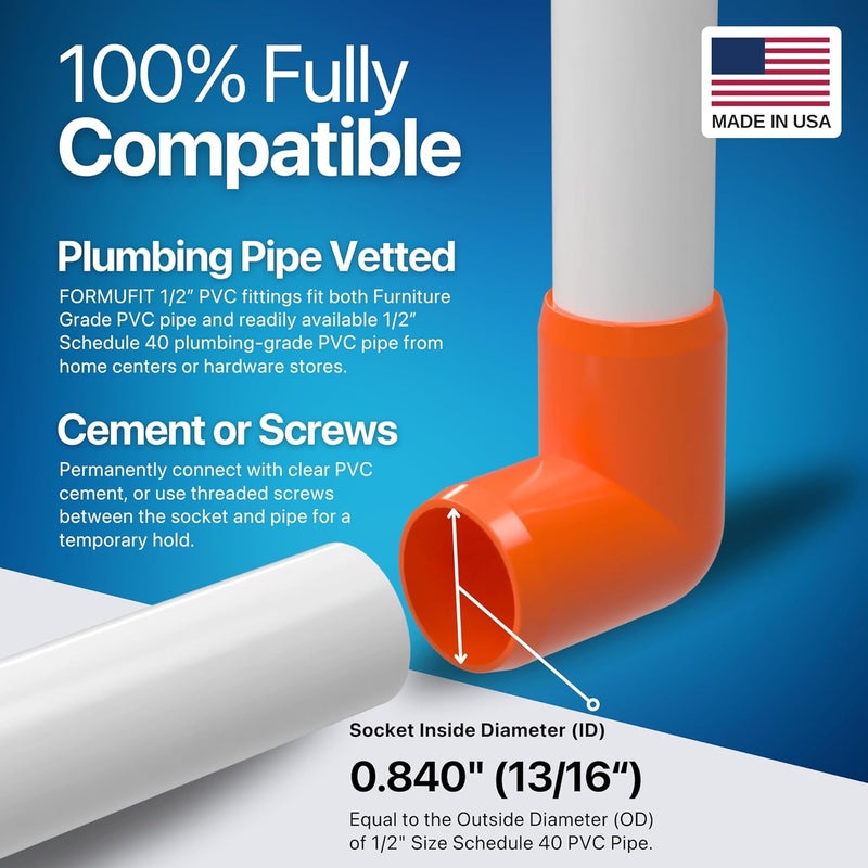FORMUFIT 1/2" 90 Degree Elbow Furniture Grade PVC Fitting in Orange, Made in USA, UV-Resistant, Impact-Proof, 0.840” Actual Socket Diameter (Pack of 10) - F012TEE-OR-10 - Image 5