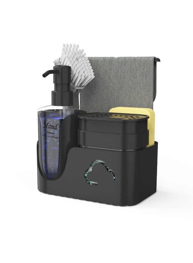 الأساسيات الحضرية مجموعة موزع صابون اليدين والأطباق 5 في 1 مع حامل إسفنجة، وحامل فرشاة ورف مناشف، ومجموعة مضخة صابون الأطباق مع موزع صابون اليدين، ومنظم حوض المطبخ، وحامل حوض الكل في واحد (أسود) - Image 1