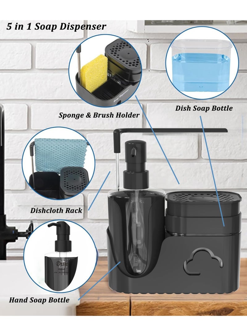 الأساسيات الحضرية مجموعة موزع صابون اليدين والأطباق 5 في 1 مع حامل إسفنجة، وحامل فرشاة ورف مناشف، ومجموعة مضخة صابون الأطباق مع موزع صابون اليدين، ومنظم حوض المطبخ، وحامل حوض الكل في واحد (أسود) - Image 2