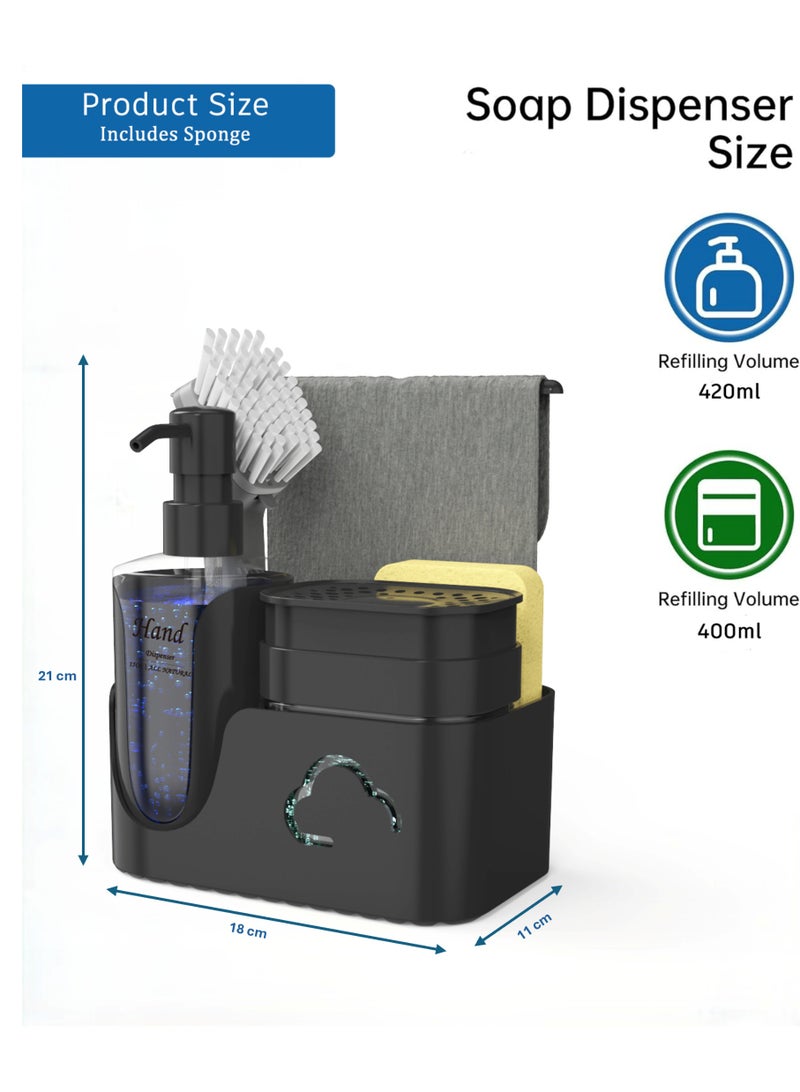 الأساسيات الحضرية مجموعة موزع صابون اليدين والأطباق 5 في 1 مع حامل إسفنجة، وحامل فرشاة ورف مناشف، ومجموعة مضخة صابون الأطباق مع موزع صابون اليدين، ومنظم حوض المطبخ، وحامل حوض الكل في واحد (أسود) - Image 3