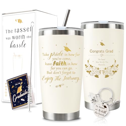 CUPLOOV 2025 Graduation Gift for Her Tumbler - 20 oz Beige Gold Wine Tumbler Cup with Lid,Straw,Brush, Keychain and Card Set with Gift Box for Nursing High School College Female Graduates - Image 1