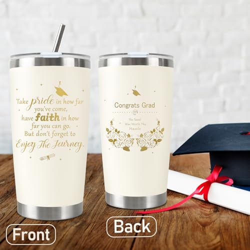 CUPLOOV 2025 Graduation Gift for Her Tumbler - 20 oz Beige Gold Wine Tumbler Cup with Lid,Straw,Brush, Keychain and Card Set with Gift Box for Nursing High School College Female Graduates - Image 3