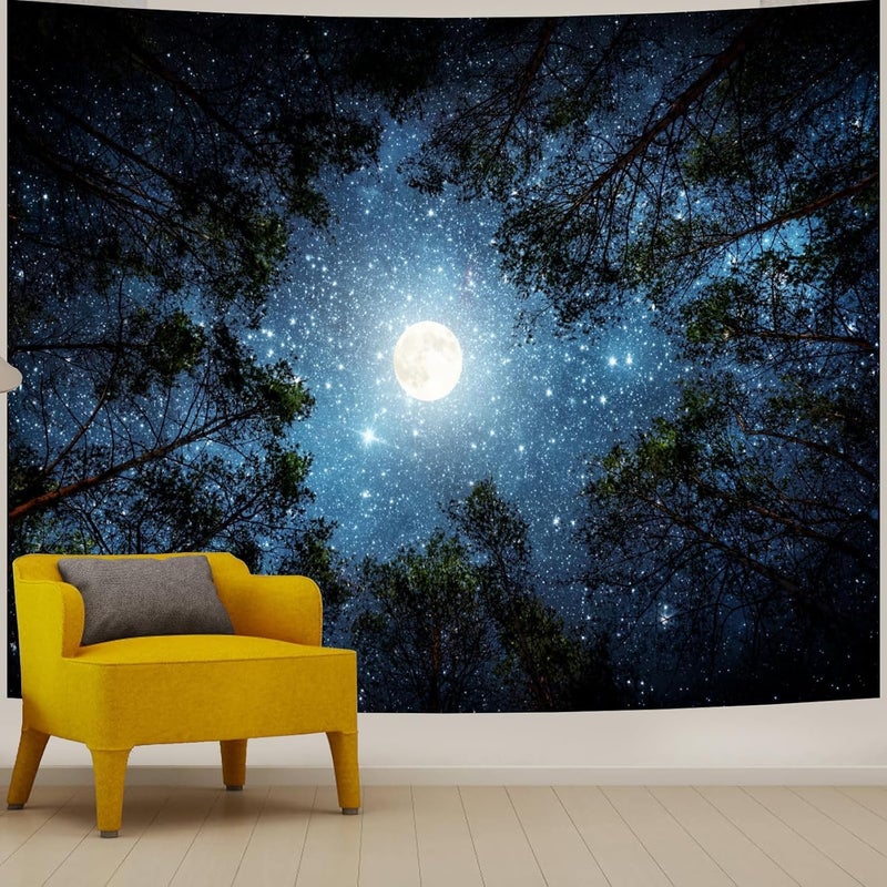 Apdidl Forest Galaxy Starry Tapestry for Bedroom Ceiling, Blue Space Night Starry Sky Moon Stars Tapestry Aesthetic, Tree Forest Milky Way Backdrop Wall Hanging for Dorm Living Room Decor (51" X 60") - Image 1