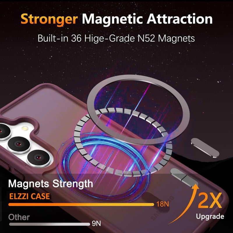 Elzzi حافظة مغناطيسية مصممة لهاتف سامسونج S24 غلاف خلفي صلب غير لامع من PC + TPU [متوافقة مع MagSafe] حافظة هاتف مضادة للخدش (أحمر نبيذ) - Image 3