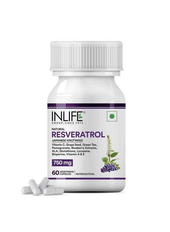 Inlife مكملات إنلايف ريسفيراترول - 750 ملغ تركيبة مضادة للأكسدة مع نبات العقدة اليابانية (ترانس-ريسفيراترول)، بذور العنب، لايكوبين، فيتامين E و C - 60 كبسولة نباتية - تدعم صحة الجلد والقلب - Image 1