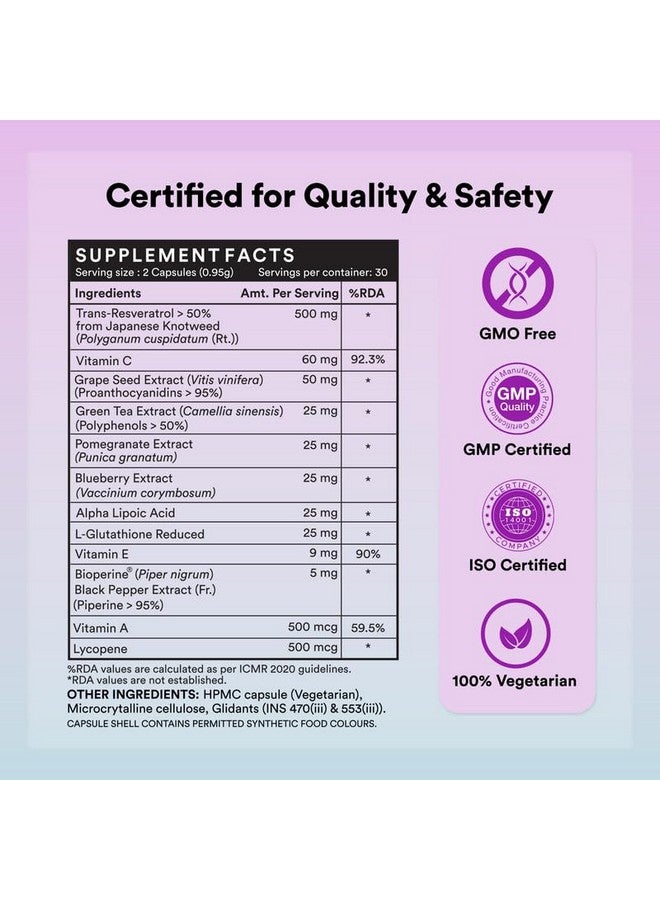 Inlife مكملات إنلايف ريسفيراترول - 750 ملغ تركيبة مضادة للأكسدة مع نبات العقدة اليابانية (ترانس-ريسفيراترول)، بذور العنب، لايكوبين، فيتامين E و C - 60 كبسولة نباتية - تدعم صحة الجلد والقلب - Image 2