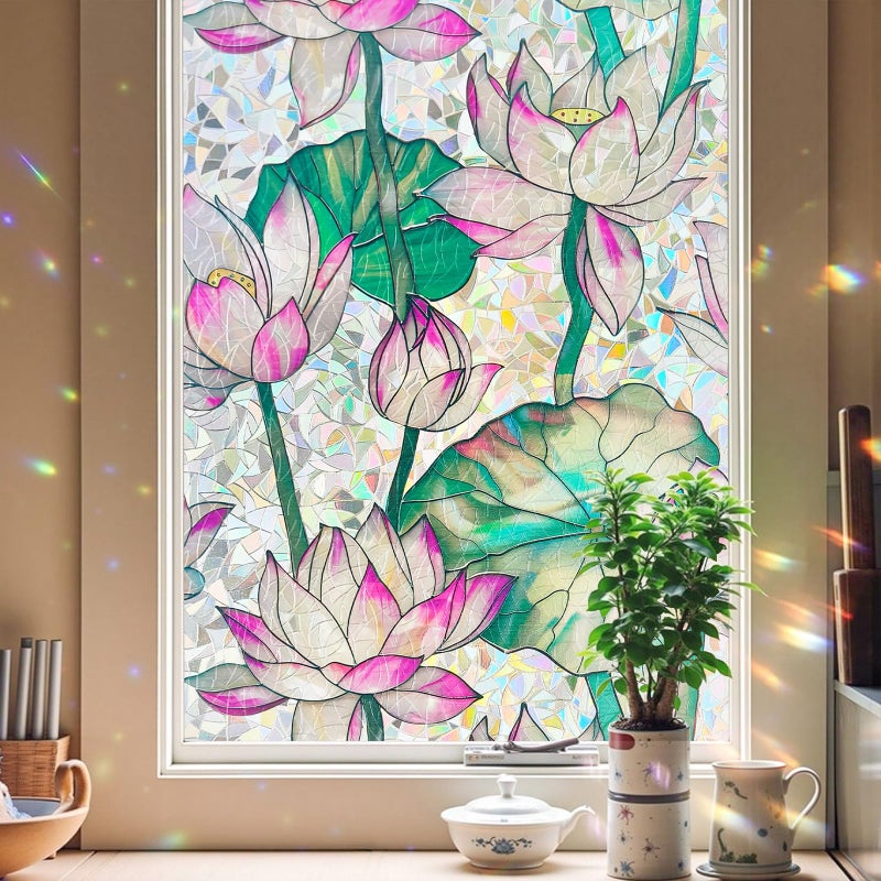 ADD.HERES Window Privacy Film,Colorful Floral Window Stickers,Removable DIY Bouquet Static Clings, Decals for Home School Office Party Supplies,â€ŒLotusâ€Œï¼Œ17.5 x 78.7 in - Image 1