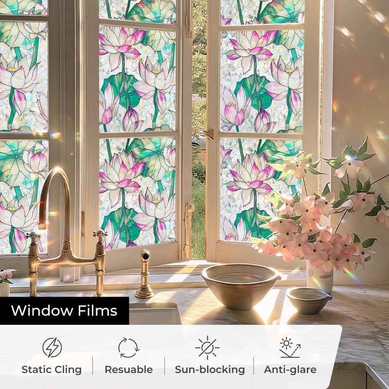 ADD.HERES Window Privacy Film,Colorful Floral Window Stickers,Removable DIY Bouquet Static Clings, Decals for Home School Office Party Supplies,â€ŒLotusâ€Œï¼Œ17.5 x 78.7 in - Image 4
