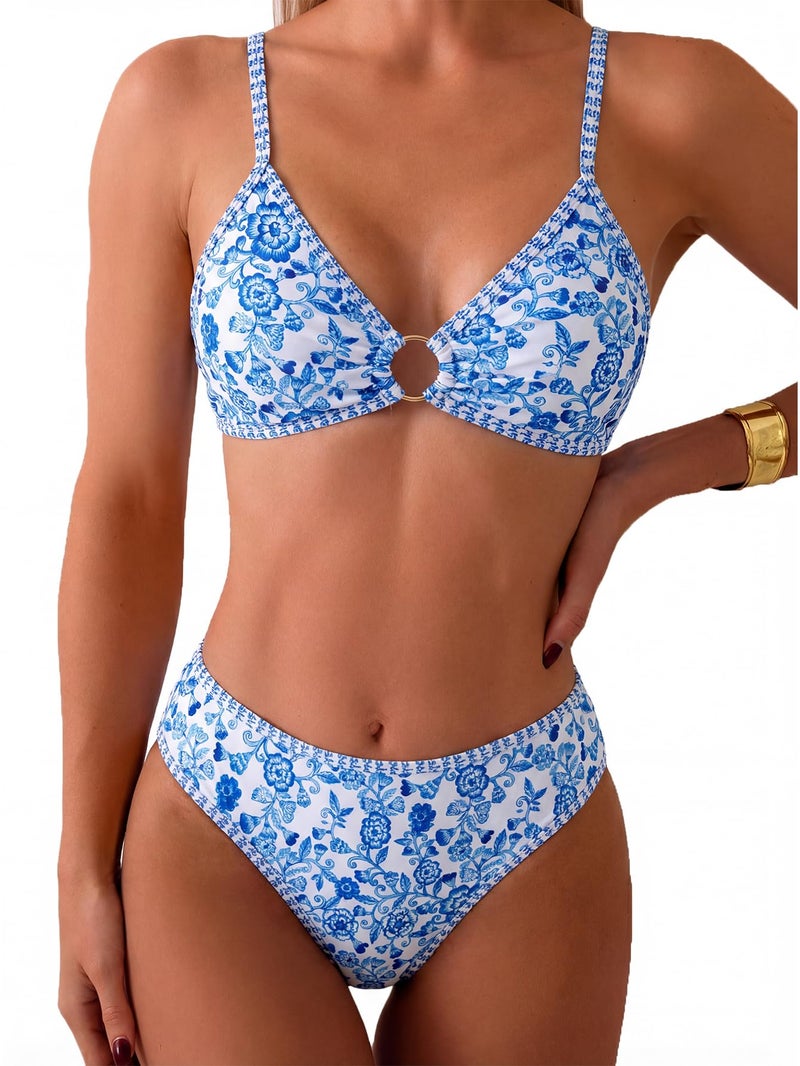 Tainehs Women's Two Piece Bikini Sets O Ring Front Top Ditsy Floral Triangle Swimsuits Cheeky Bathing Suit - Image 1