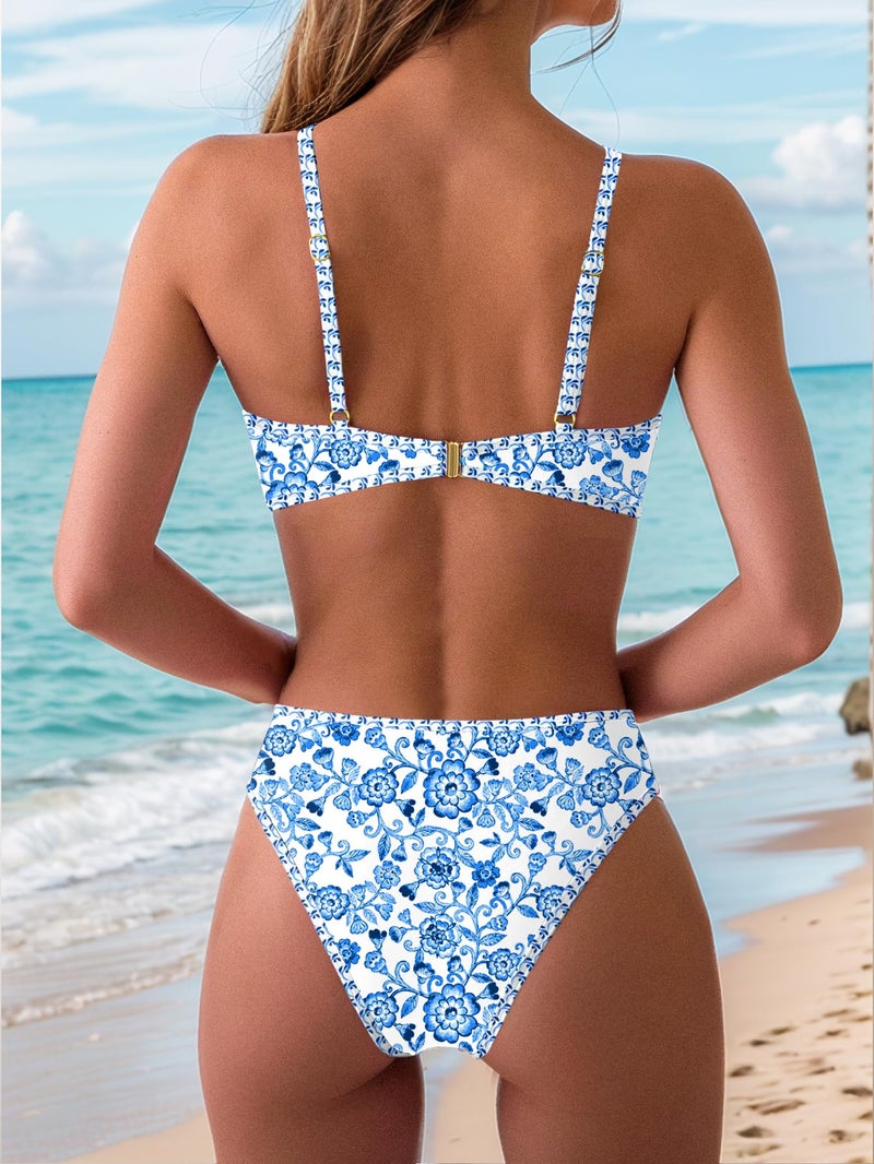 Tainehs Women's Two Piece Bikini Sets O Ring Front Top Ditsy Floral Triangle Swimsuits Cheeky Bathing Suit - Image 3